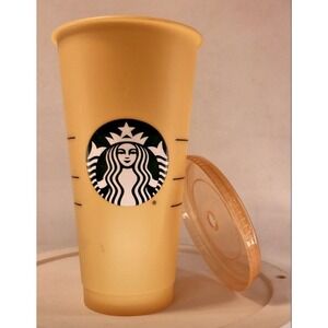 STARBUCKS Cold Cup Unisex‎ 24 oz Yellow Excellent Reusable Logo Tumbler Lid
